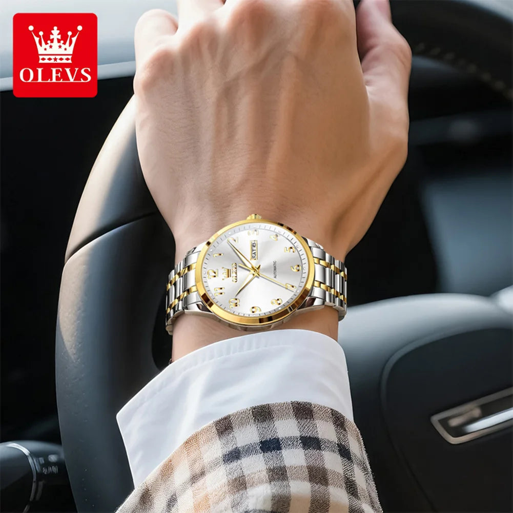 OLEVS 7078 Man Automatic Watch Top Brand Dual Calendar Mechanical Watch For Men Number Scale Business Hand Clock Steel Strap