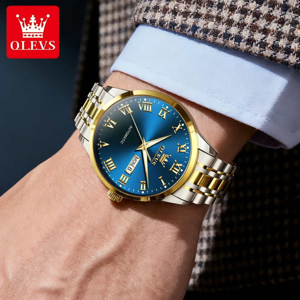 OLEVS 7060 Mens Watches Stainless Steel Original Luxury Automatic Mechanical Watches Waterproof Luminous Watches For Man Gifts