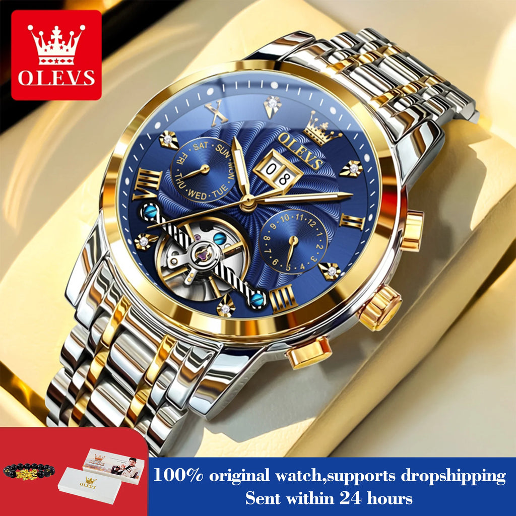 OLEVS 9910 Watch for Men Automatic Mechanical Men's Wristwatches Luxury Skeleton Stainless Steel Waterproof Original Man Watch