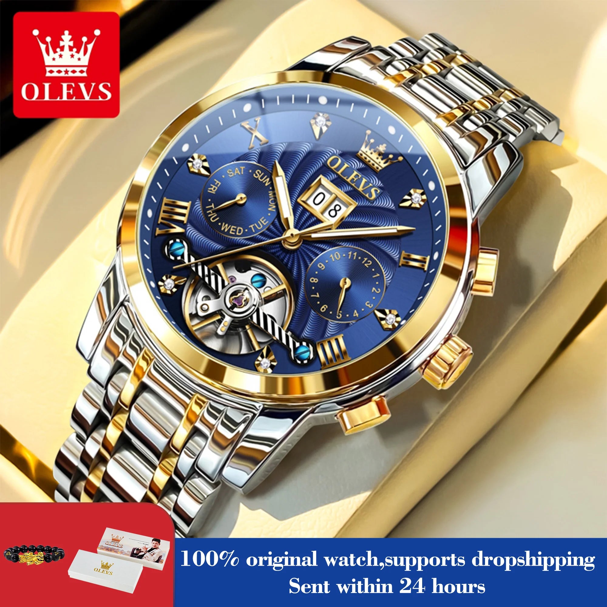 OLEVS 9910 Watch for Men Automatic Mechanical Men's Wristwatches Luxury Skeleton Stainless Steel Waterproof Original Man Watch