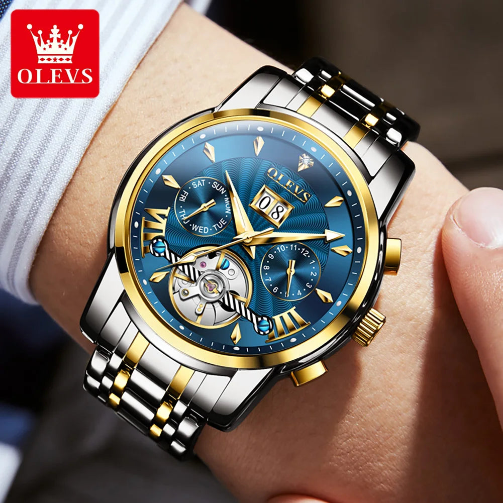 OLEVS 9965 Automatic Watch For Men Skeleton Flywheel Waterproof Men's Watches Week Calendar Luxury Man Mechanical Wristwatch