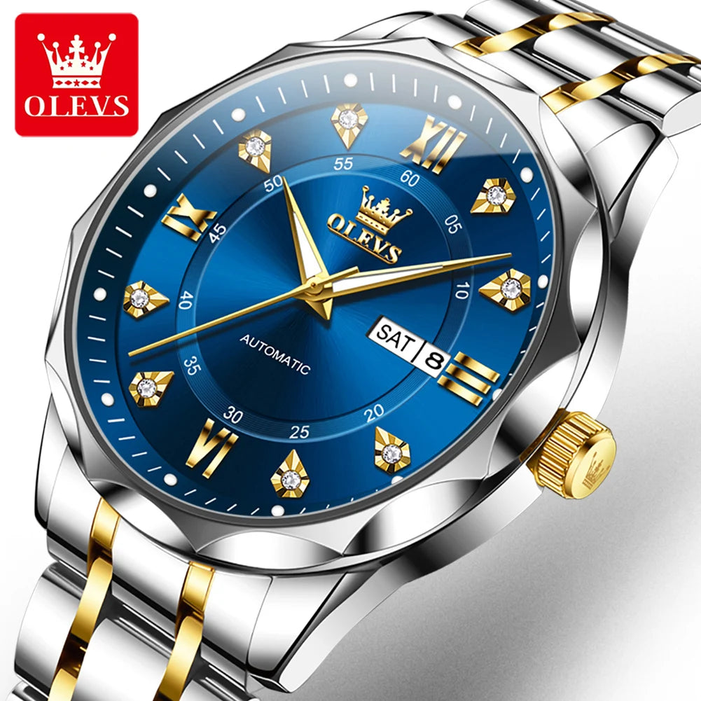 OLEVS 6727 Men Automatic Watch Luxury Dual Calendar Mechanical Watch For Men Zircon Scale Steel Strap Waterproof Man Hand Clock