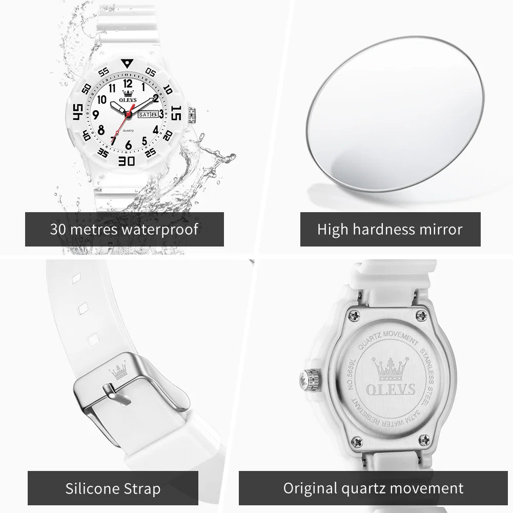 OLEVS 5659 Women's Watch Number Scale Silicone Strap Student Quartz Watch For Women Dual Calendar Fashion Waterproof Hand Clock