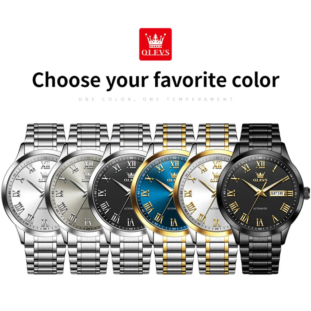 OLEVS 7075 Watches For Man Luxury Original Mechanical Watch For Men Week Calendar Waterproof Automatic Hand Clock Steel Strap