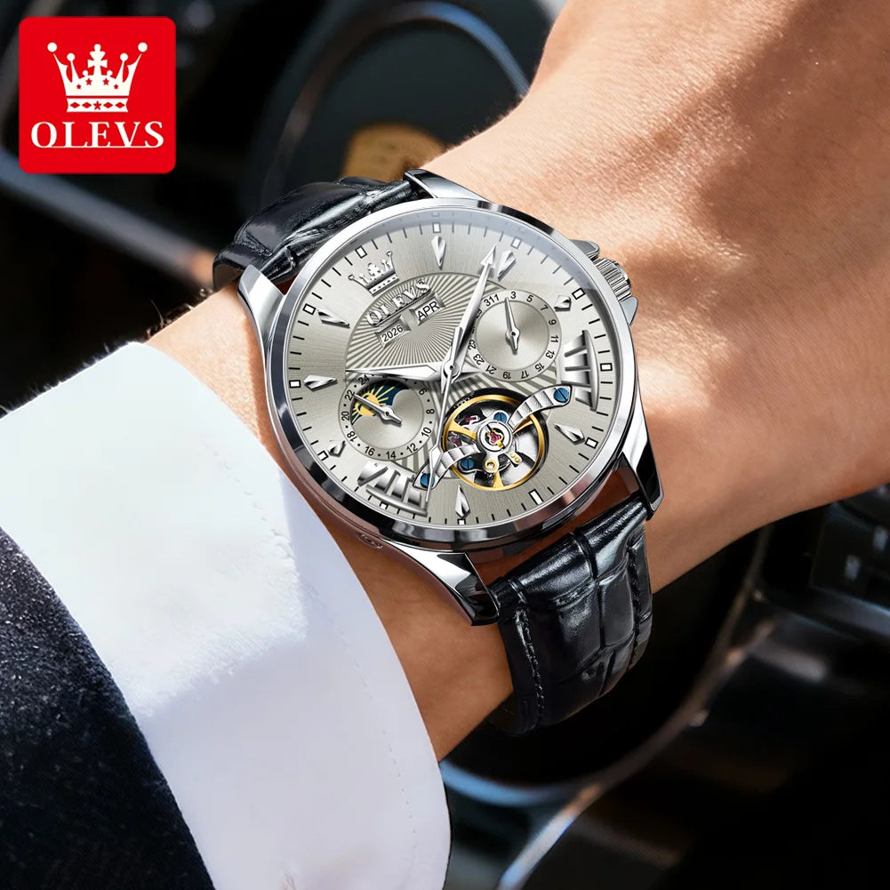 OLEVS 7103 Men's Watch Flywheel Automatic Mechanical Wristwatch Waterproof Perpetual Calendar Moon Phase Watches For Men Classic