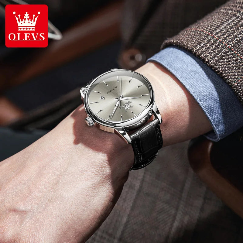 OLEVS 6725 Man Automatic Watch Classic Simple Mechanical Watch For Men Auto Date Original Waterproof Leather Male Hand Clock