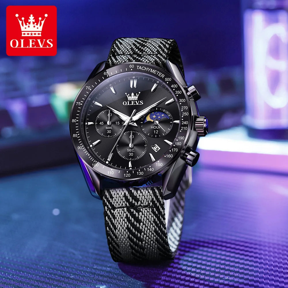 OLEVS 3630 Quarz Herrenuhr Datum Chronograph 24-Stunden-Mondphase Wasserdichte Uhr für Herren Mode Nylonarmband Original Armbanduhr