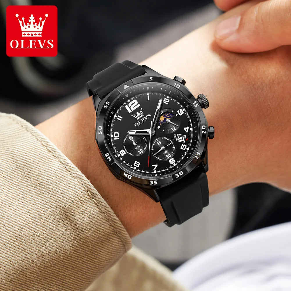 OLEVS 2986 Herrenuhr 42MM Mondphase Datum Quarzuhr für Herren Ziffernskala Wasserdichtes Silikonarmband Uhr Original