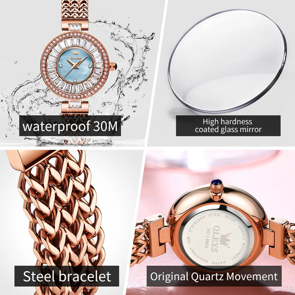 OLEVS 9959 Original Elegant Quartz Woman Watch Top Brand Waterproof Watch For Women Stainless Steel Luxury Diamond Hand Clock
