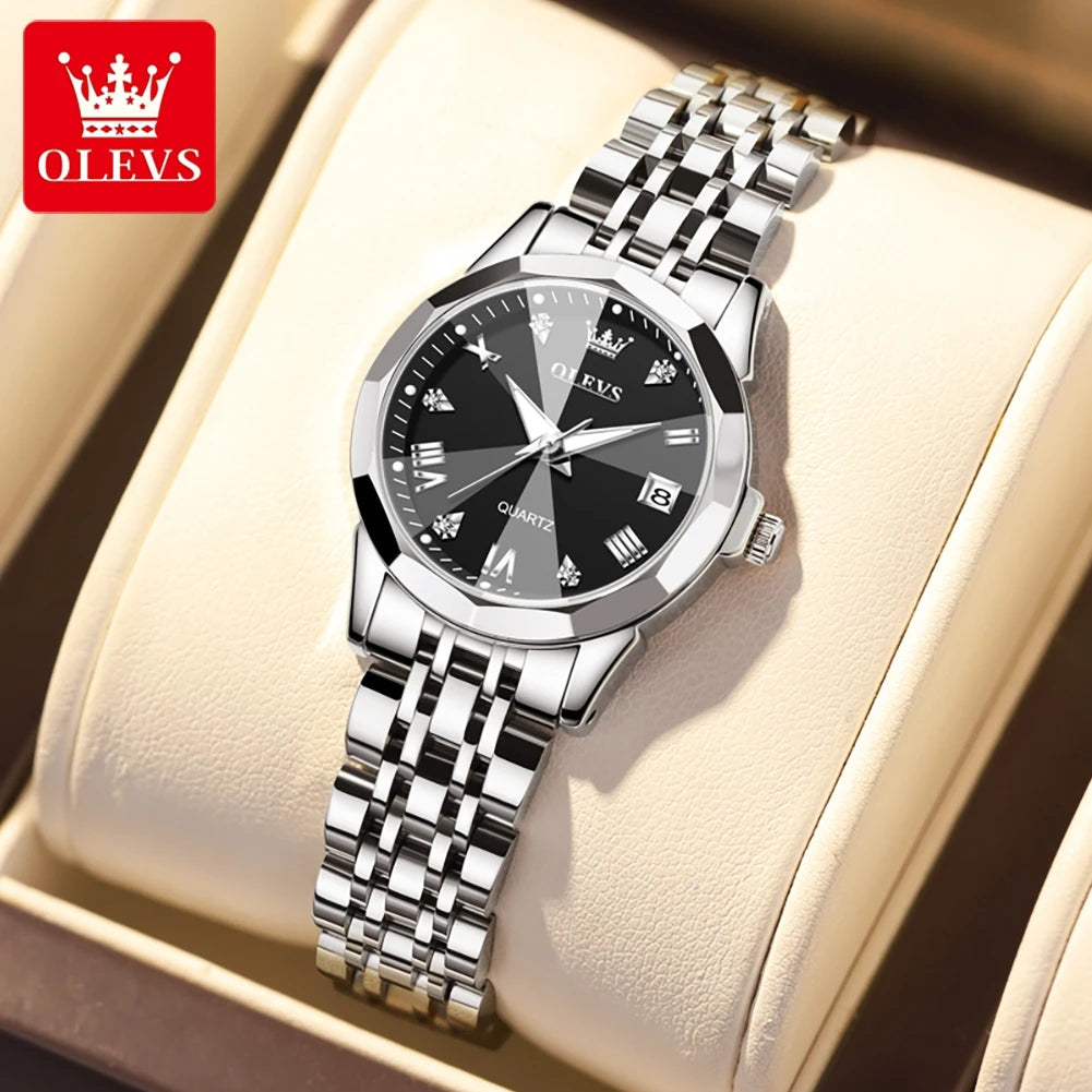 OLEVS 9931 Original Quartz Watches For Woman Rhombus Mirror Waterproof Luminous Stainless Steel Wrist Watches Calendar New