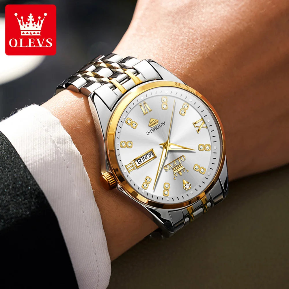 OLEVS 9801 Men Watch Waterproof Dual Calendar Luxury Mechanical Watch For Men Diamond Scale Stainless Steel Automatic Hand Clock
