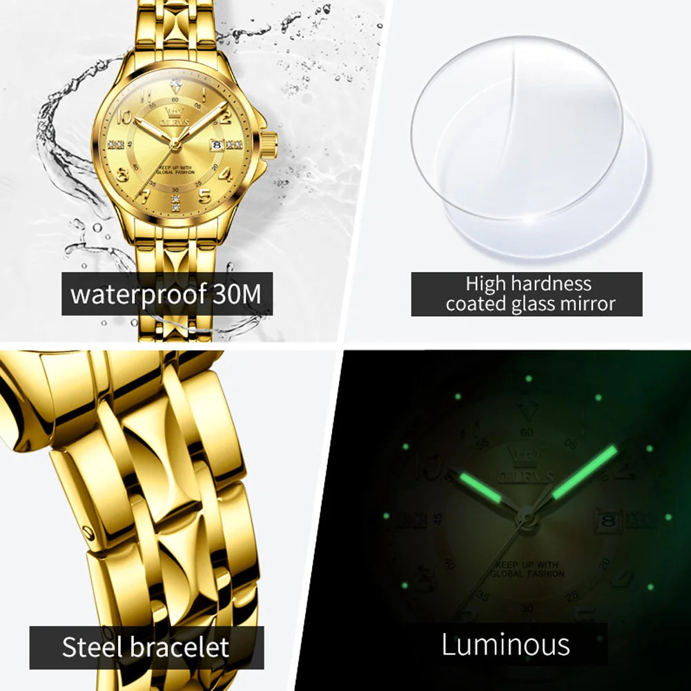 OLEVS 2910 Uhr für Herren und Damen, Luxuriöse Quarz-Paaruhren, Wasserdichte Edelstahl-Armbanduhr mit Diamant-Zifferblatt