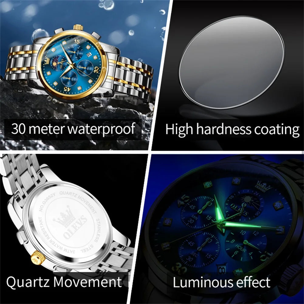 OLEVS 3652 Herrenuhr Ziffernskala Quarzuhr für Herren Chronograph Mondphase Datum Luxus Wasserdicht Leuchtende Herrenarmbanduhr