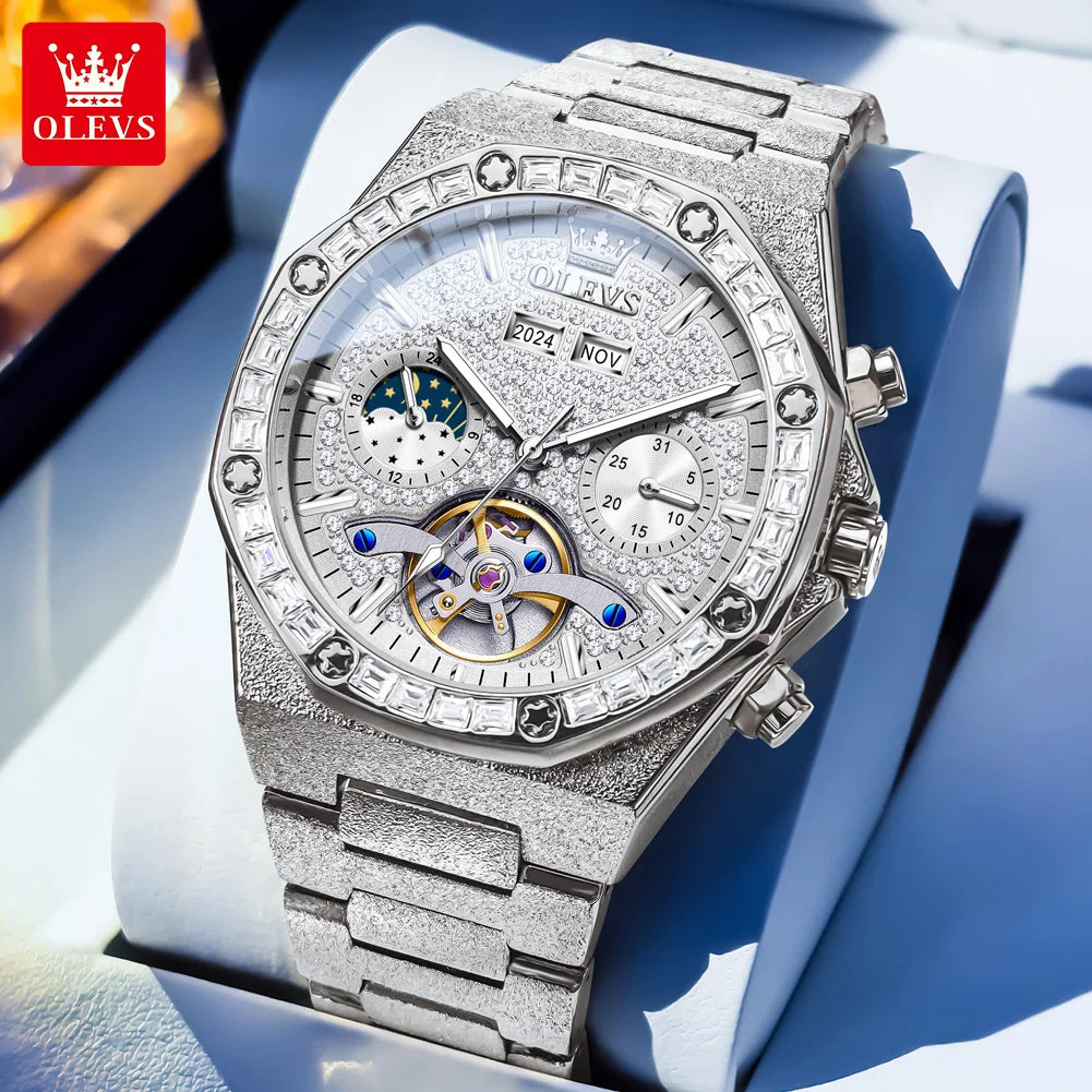 OLEVS 9805 Men Watch Luxury Classic Hollow Skeleton Diamond Waterproof Man Hand Clock Moon Phase Date Mechanical Watch For Men