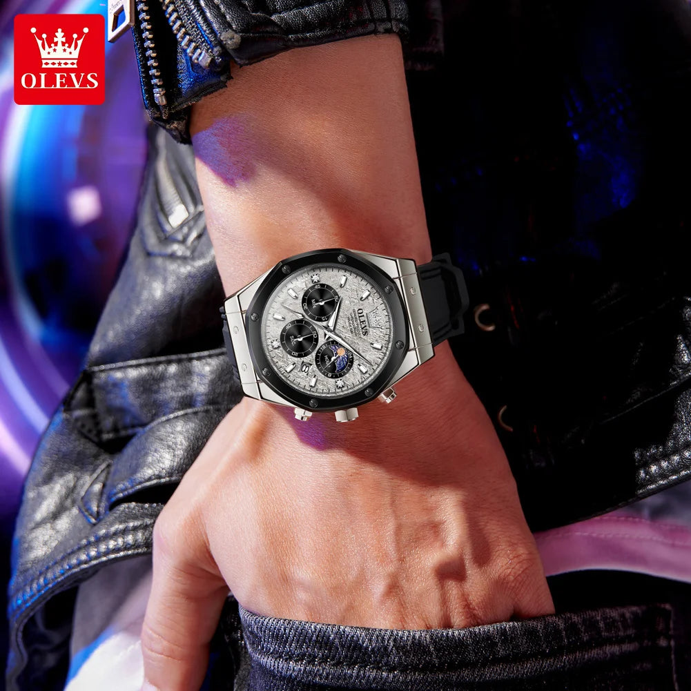 OLEVS 9911 Man Quartz Watch Big Dial Chronograph Watch For Men Moonswatch Date Fashion Waterproof Male Hand Clock Silicone Strap