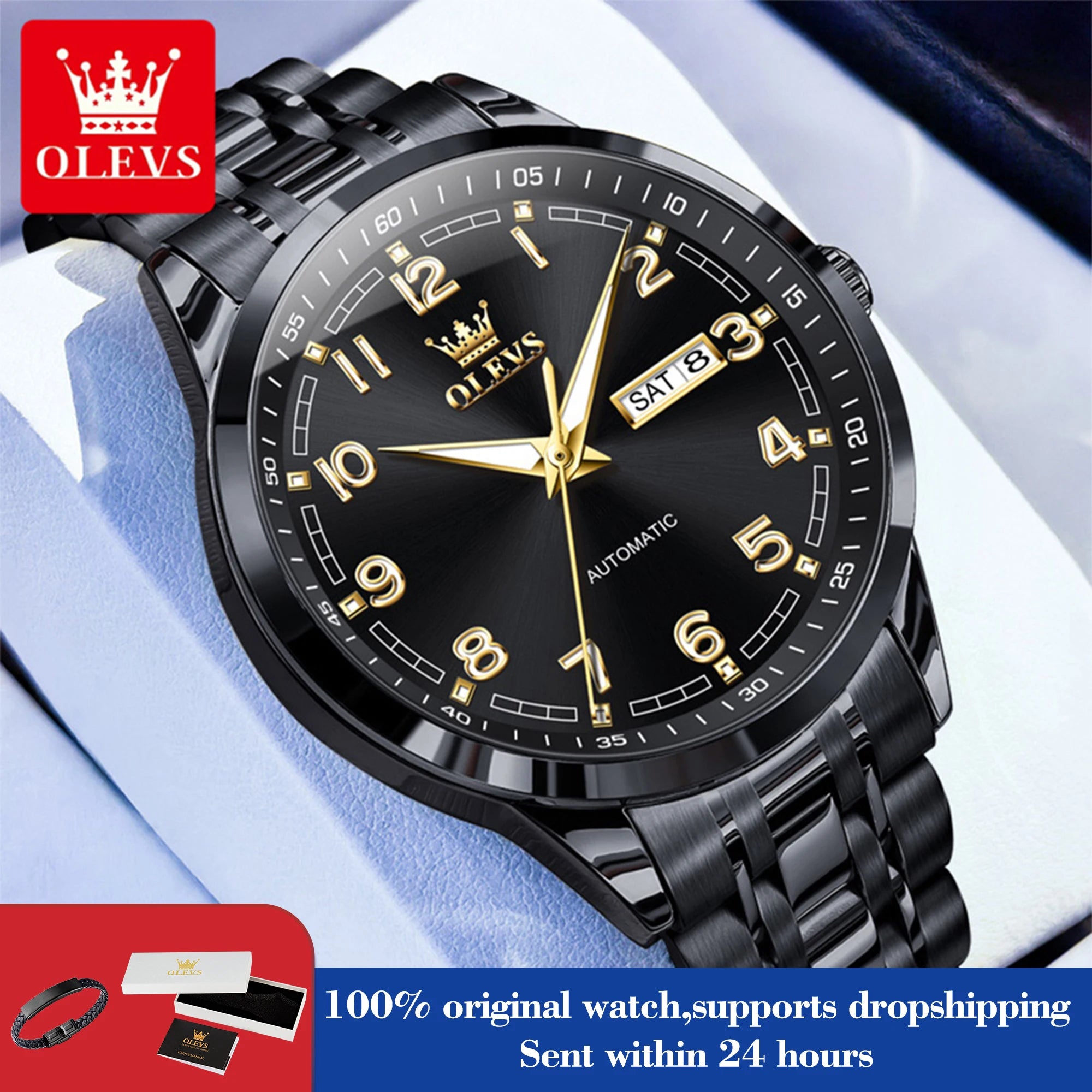 OLEVS 7077 Man Automatic Watch Fashion Date Mechanical Male Hand Clock Number Scale Luxury Waterproof Luminous Watch For Men