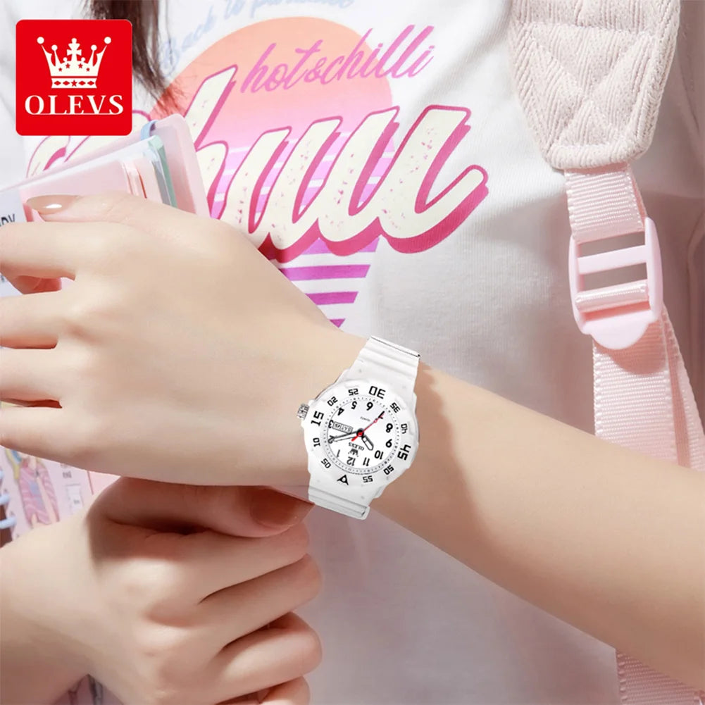 OLEVS 5659 Women's Watch Number Scale Silicone Strap Student Quartz Watch For Women Dual Calendar Fashion Waterproof Hand Clock