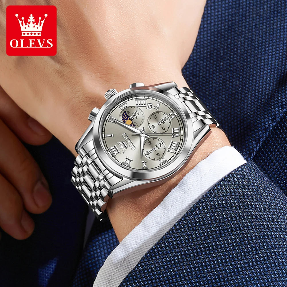 OLEVS 2871 Herrenuhr Original Kalender Mondphase Quarzuhr 30M Wasserdicht Edelstahl Herrenarmbanduhr Uhren für Herren