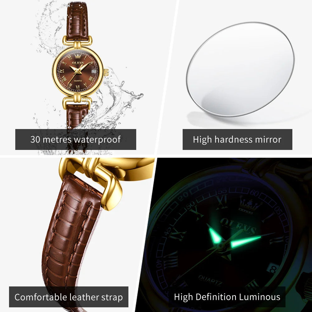 OLEVS 5645 Women's Watch Leather Strap Date Quartz Watch For Women High Hardness Mirror Roman Scale Fashion Ladies Hand Clock