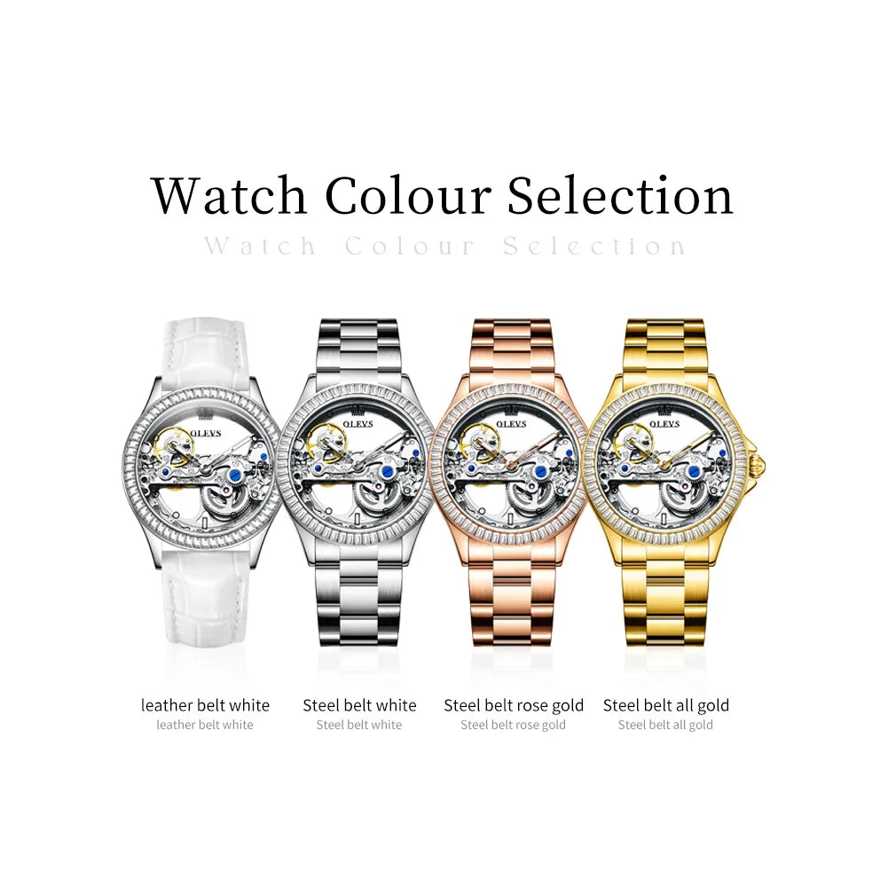 OLEVS 6699 Woman Automatic Watches Hollow Flywheel Mechanical Watch For Women Diamond Luxury Dial Waterproof Ladies Hand Clock