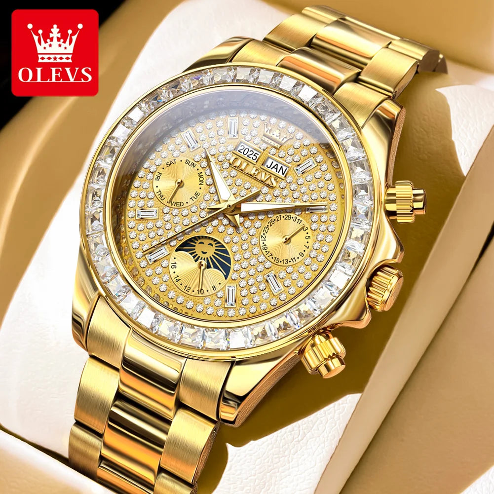OLEVS 7038 Luxury Diamond Mechanical Watch For Men Moon Phase Auto Date Man Hand Clock 30M Waterproof Stainless Steel Men Watch