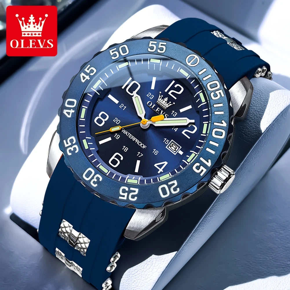 OLEVS 3688 Neue Herrenuhr Wasserdichte Quarzuhr für Herren Hochhärte-Spiegel Leuchtende Original Herren-Armbanduhr Silikonarmband