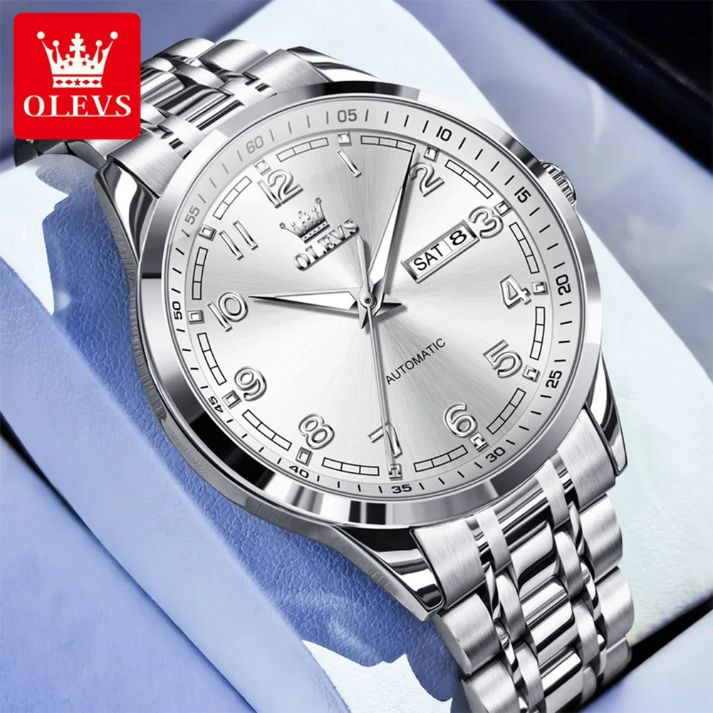 OLEVS 7077 Man Automatic Watch Fashion Date Mechanical Male Hand Clock Number Scale Luxury Waterproof Luminous Watch For Men