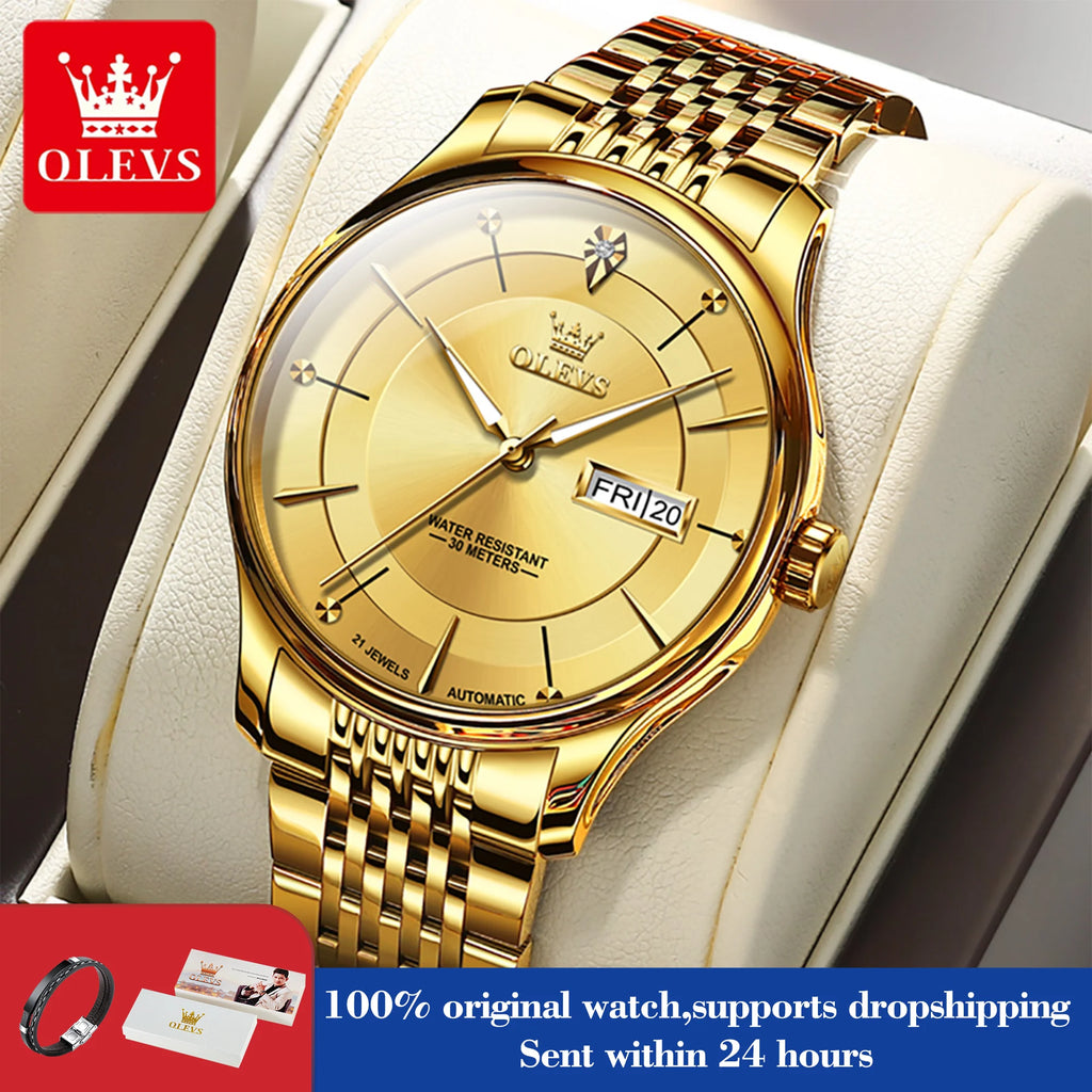 OLEVS 9927 Automatic Watch For Men Luxury Dual Calendar Original Mechanical Dress Hand Clock Waterproof Luminous Man Watches