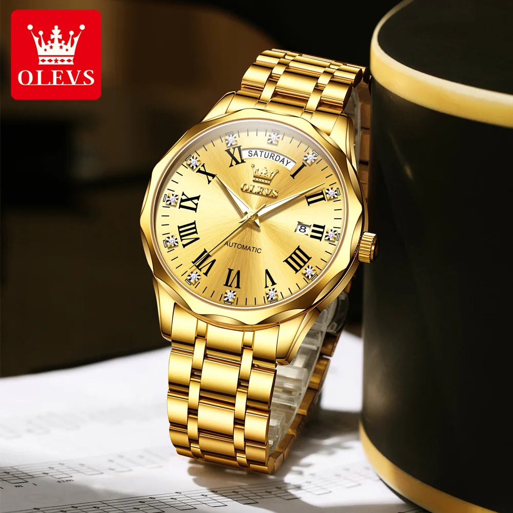 OLEVS 6780 Luxury Business Men's Automatic Mechanical Watch Roman Numerals Dual Calendar Watches Waterproof Stainless Steel