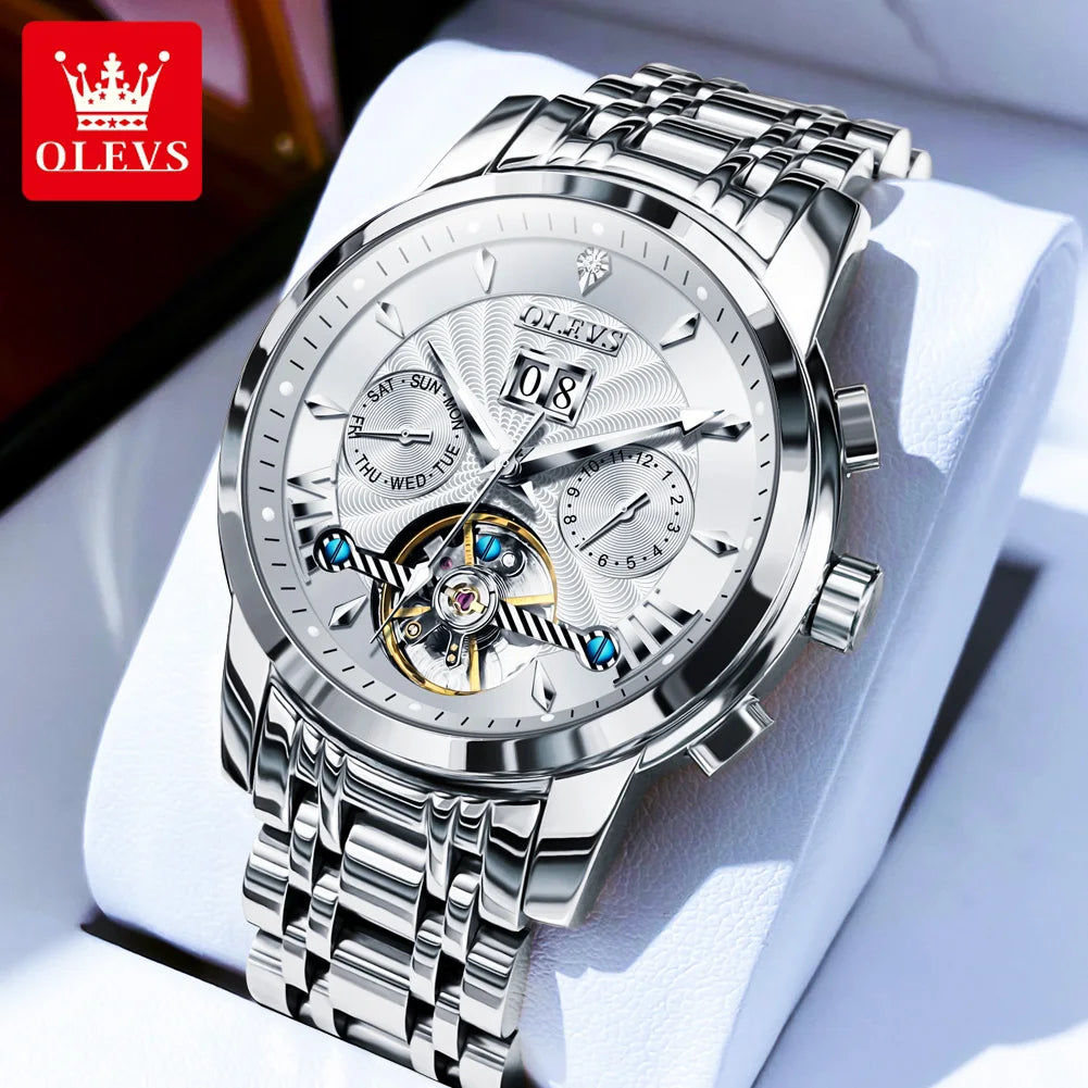 OLEVS 9965 Automatic Watch For Men Skeleton Flywheel Waterproof Men's Watches Week Calendar Luxury Man Mechanical Wristwatch