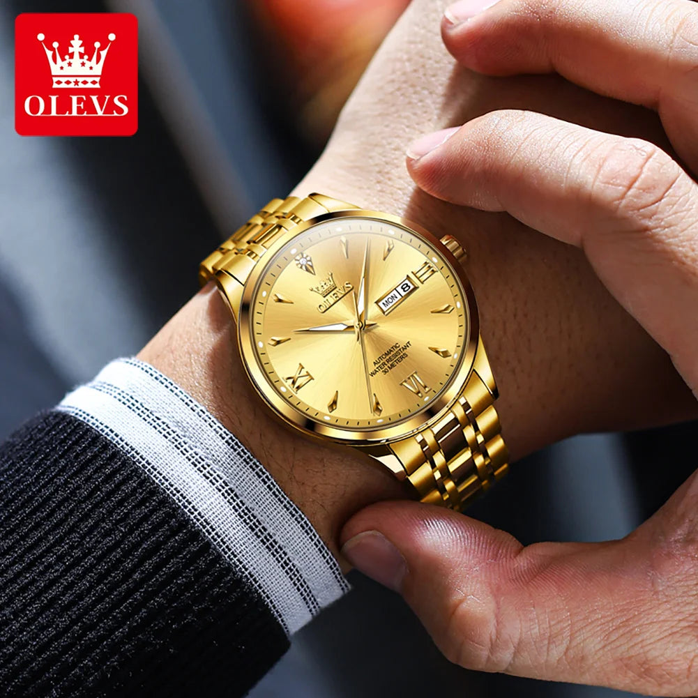 OLEVS 9956 Man Watch Steel Strap Luxury Mechanical Watch For Men Original Fashion Waterproof Automatic Hand Clock Dual Calendar