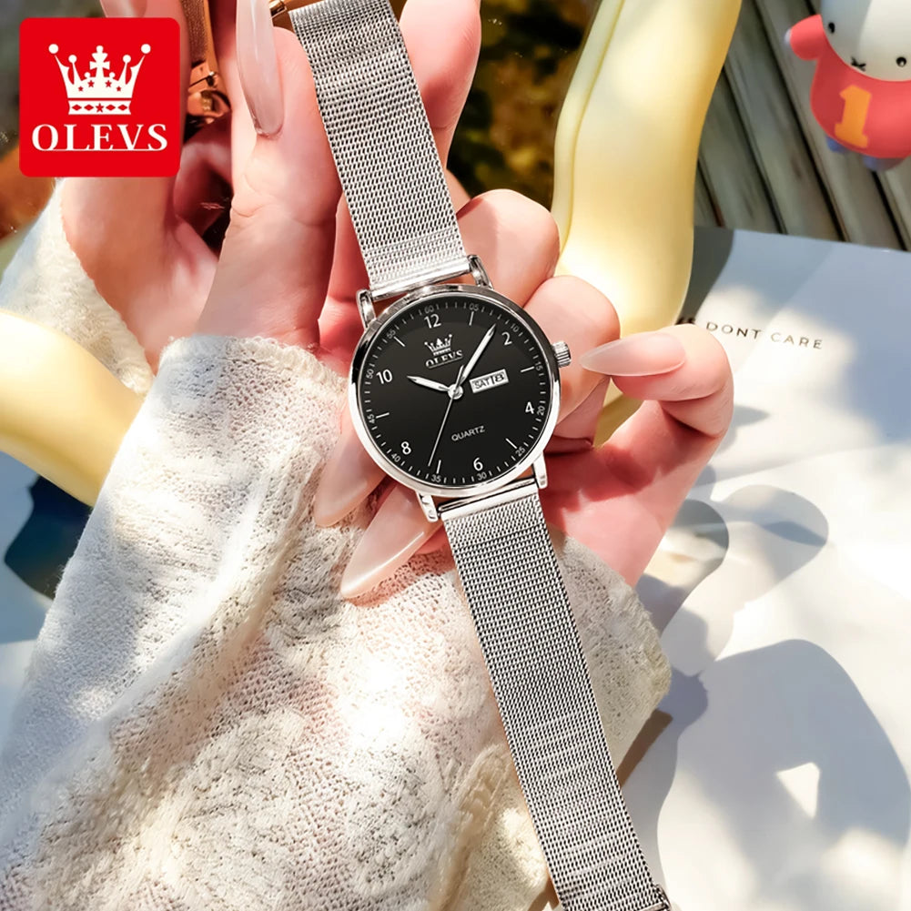 OLEVS 2996 Damenuhren Original Elegante schmale Quarzuhr Wasserdicht Dual-Kalenderanzeige Uhren für Damen Geschenkbox Reloj