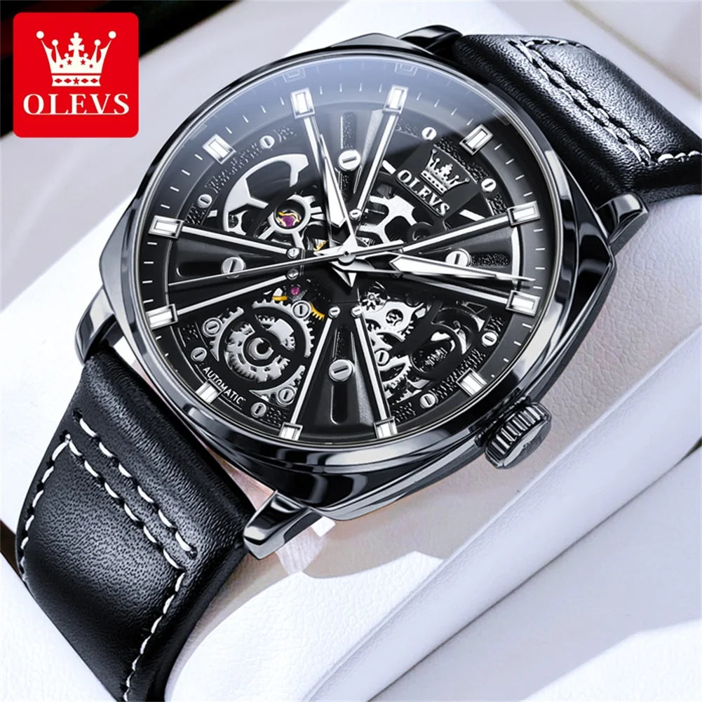 OLEVS 6685 Otomatik Erkek Saati Orijinal İçi Boş İskelet Mekanik Erkek Saatleri En İyi Marka Su Geçirmez Deri Erkek Kol Saati