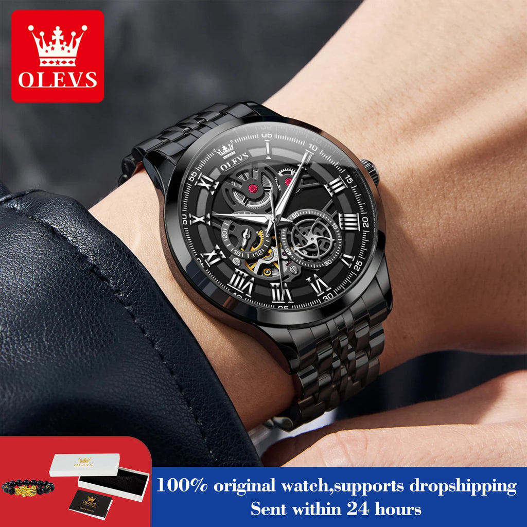 OLEVS 7076 Man Automatic Watch Fashion Hollow Mechanical Watch For Men Waterproof Stainess Steel Strap Roman Scale Hand Clock