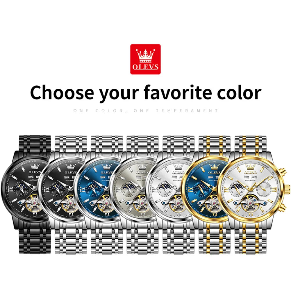 OLEVS 6740 Watches For Man Original Luxury Flywheel Automatic Mechanical Watches Moon Phase Waterproof Luminous Watches Gifts