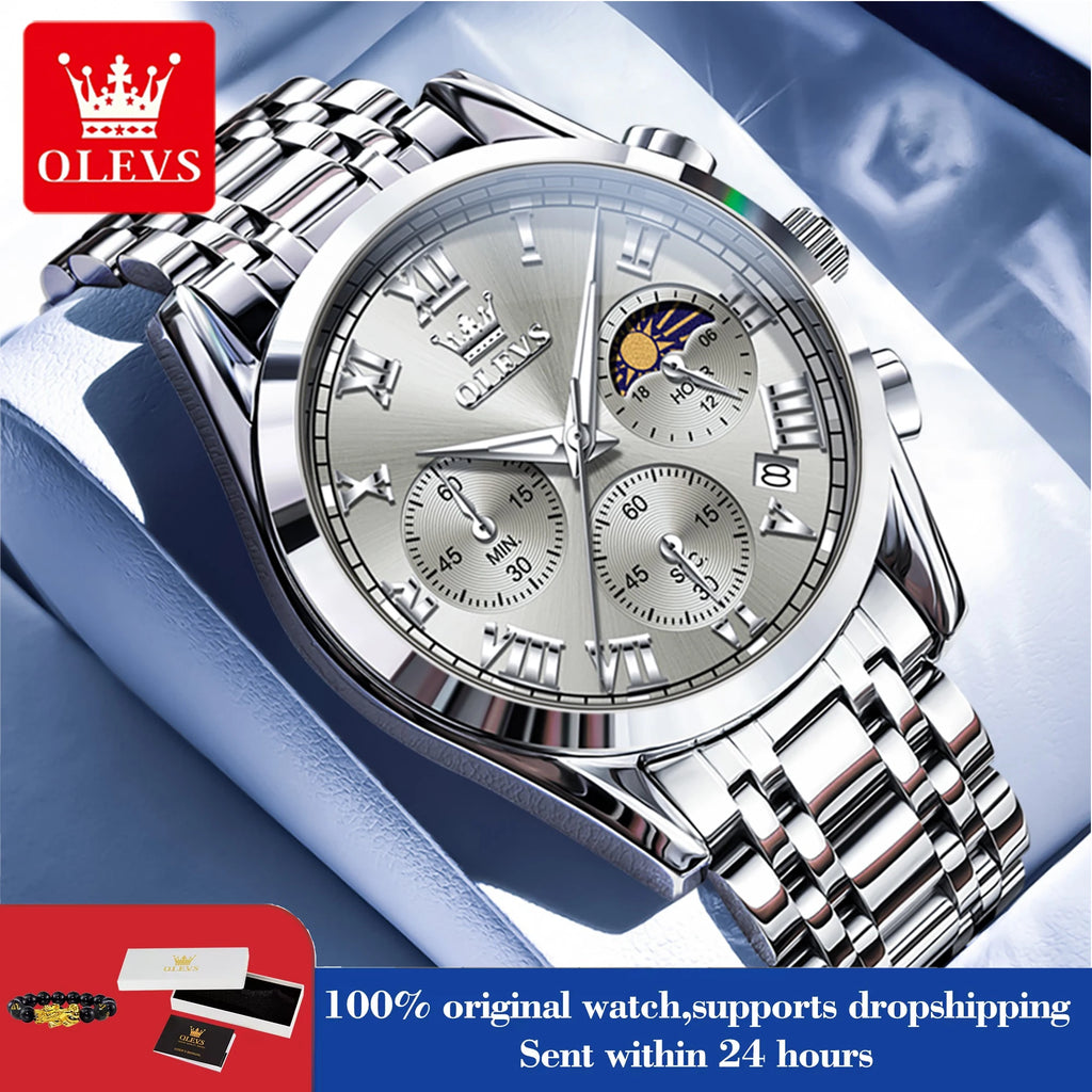 OLEVS 2871 Herrenuhr Original Kalender Mondphase Quarzuhr 30M Wasserdicht Edelstahl Herrenarmbanduhr Uhren für Herren