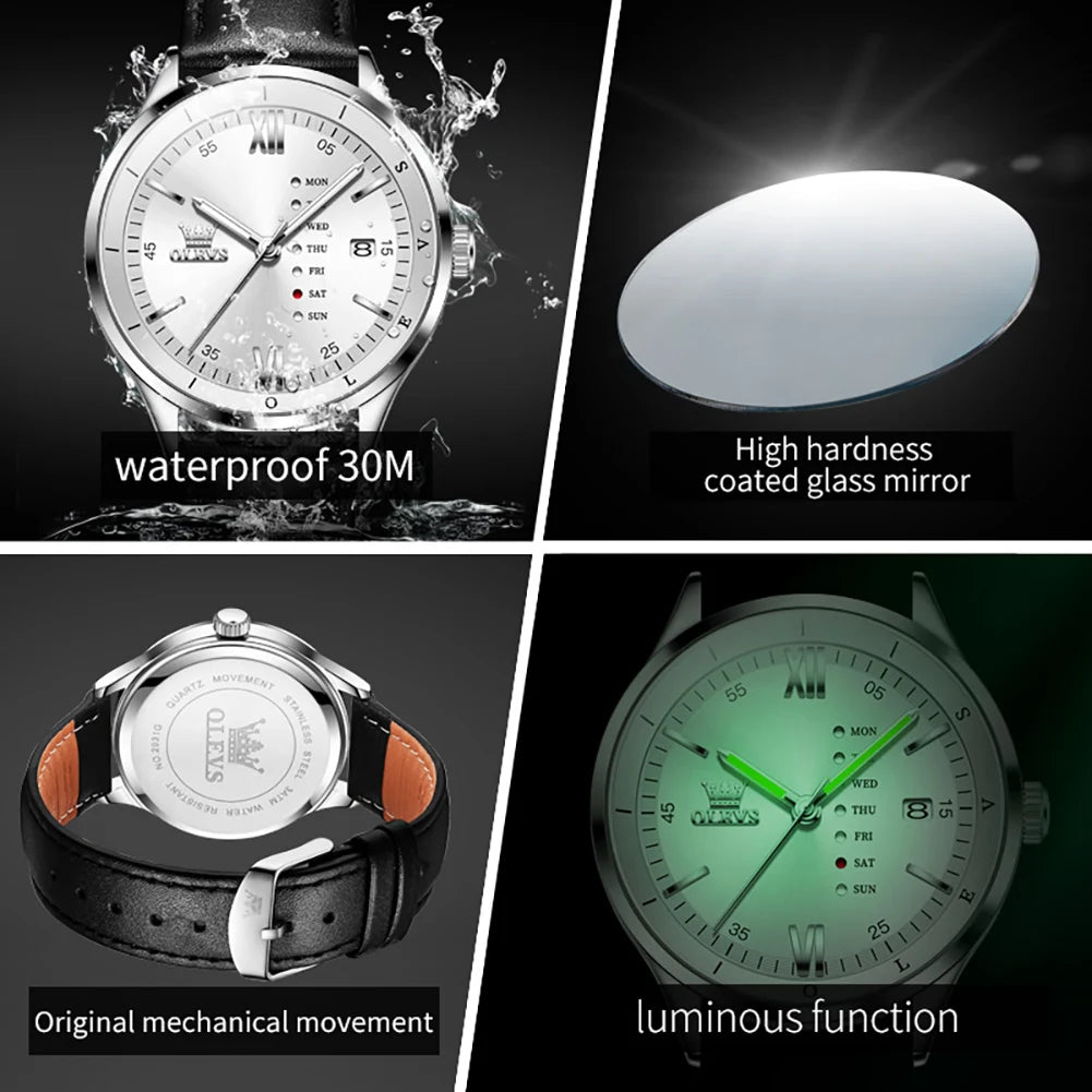 OLEVS Erkek Kol Saatleri Sade Kuvars Elbise Haftalık Tarih Saatleri Erkekler İçin Su Geçirmez Işıklı Deri İş Erkek Saati 2931