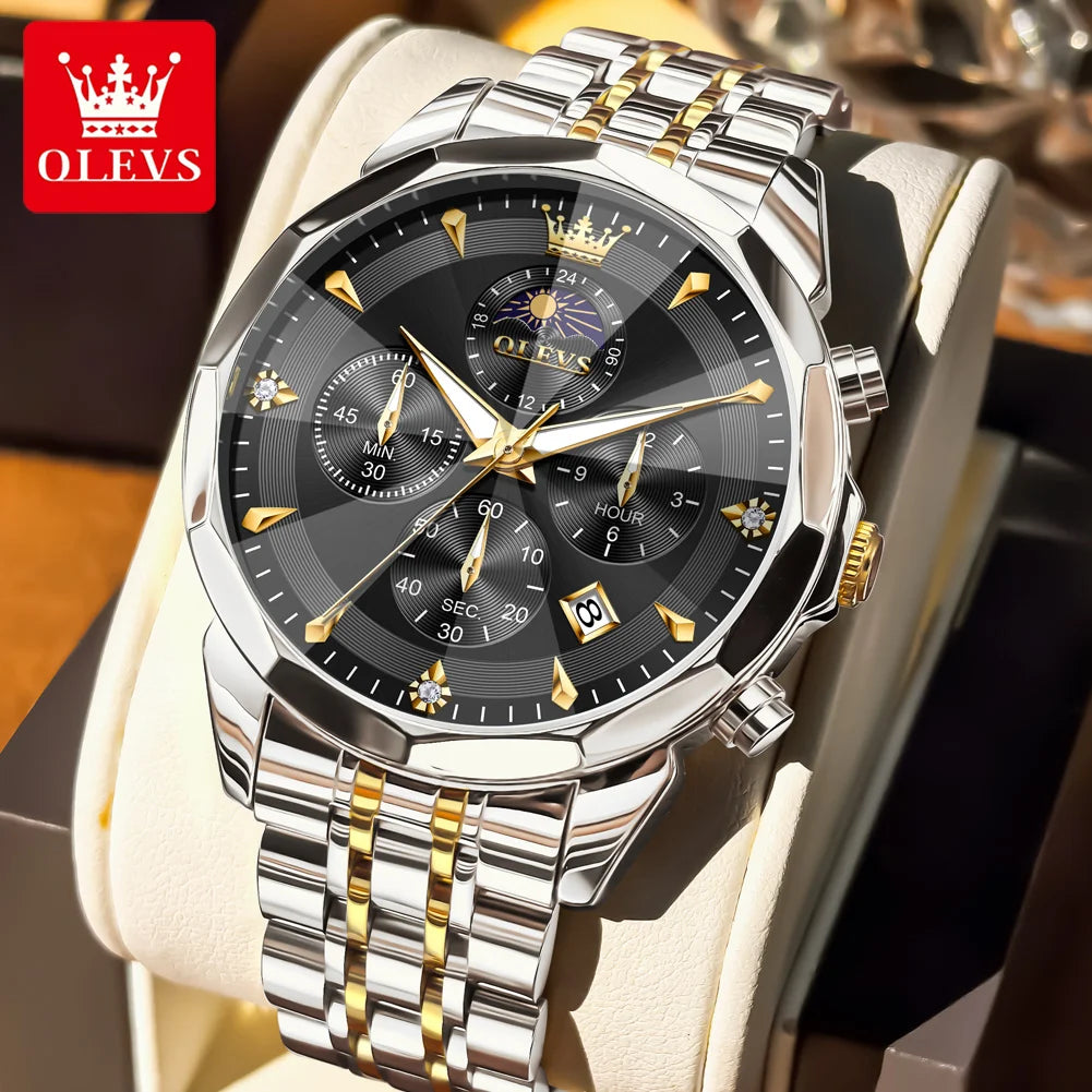 OLEVS 3673 Herrenuhr Mode Chronograph Quarzuhr für Herren 43mm großes Zifferblatt Mondphase Kalender Wasserdicht Original Armbanduhr