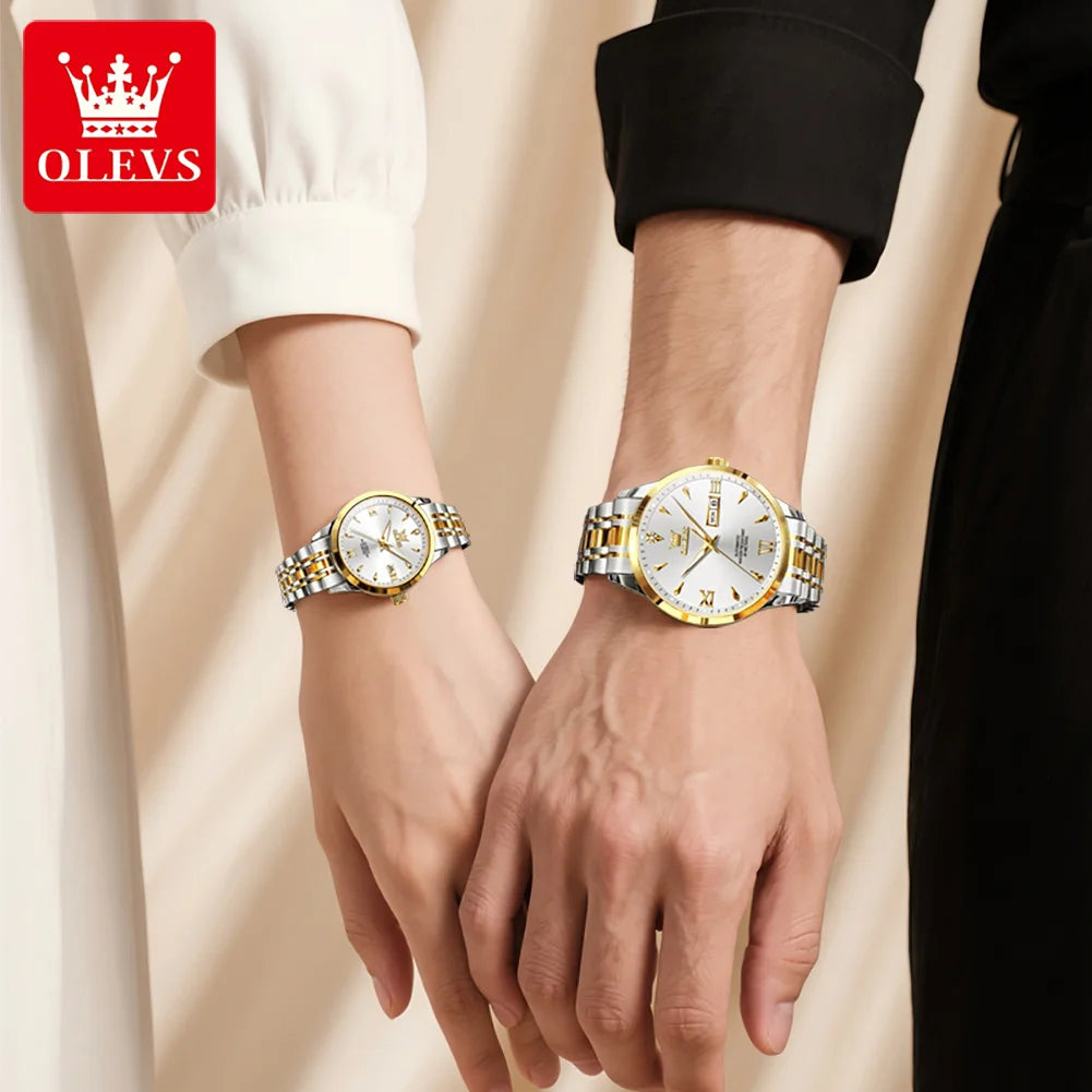 OLEVS 9956 Watches For Couple  Automatic Mechanical Watches Dual Calendar Original Stainless Steel Hand Clock Waterproof 9956