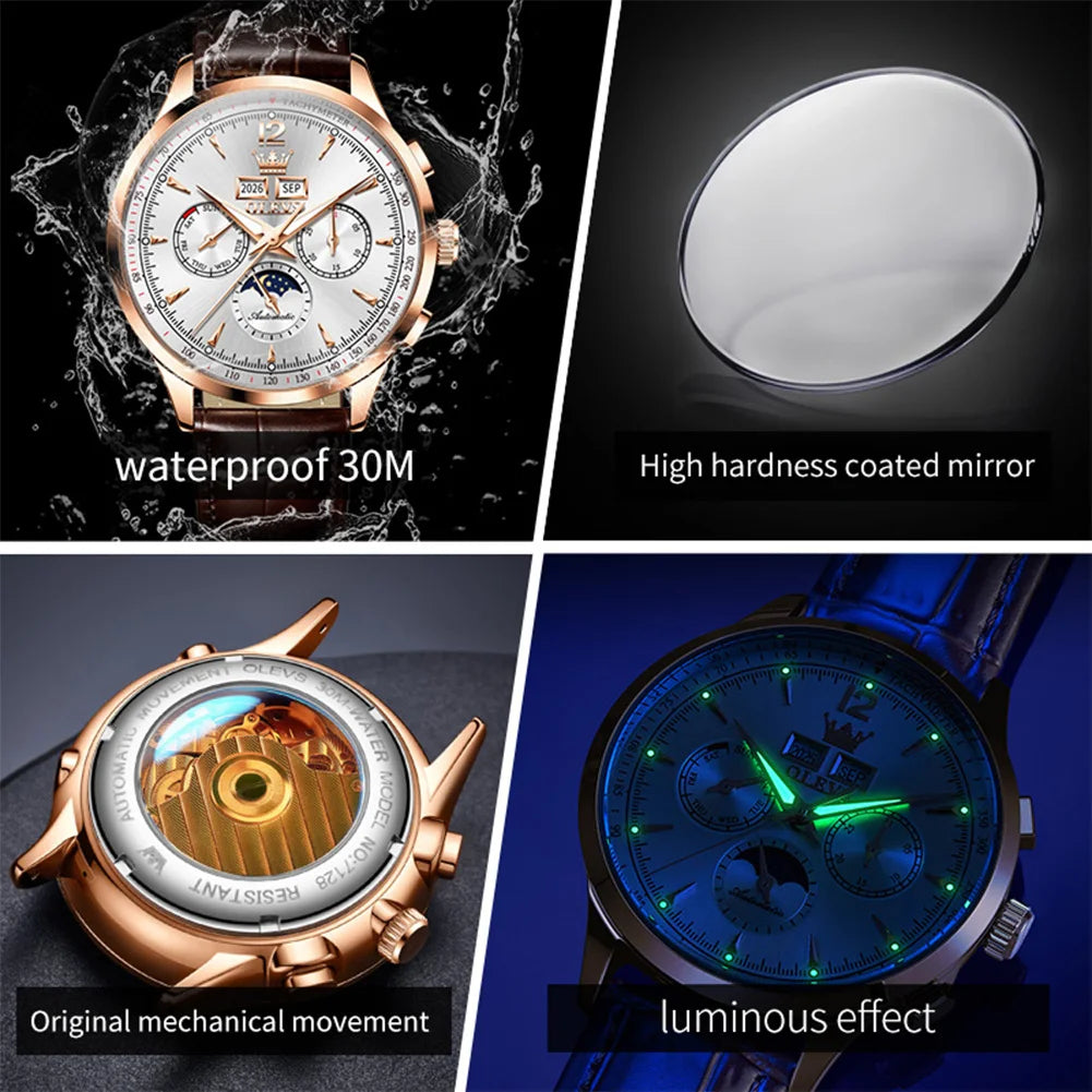 OLEVS 7128 Men's Watch Luxury Classic Automatic Mechanical Wristwatch Waterproof Perpetual Calendar Moon Phase Watches For Men