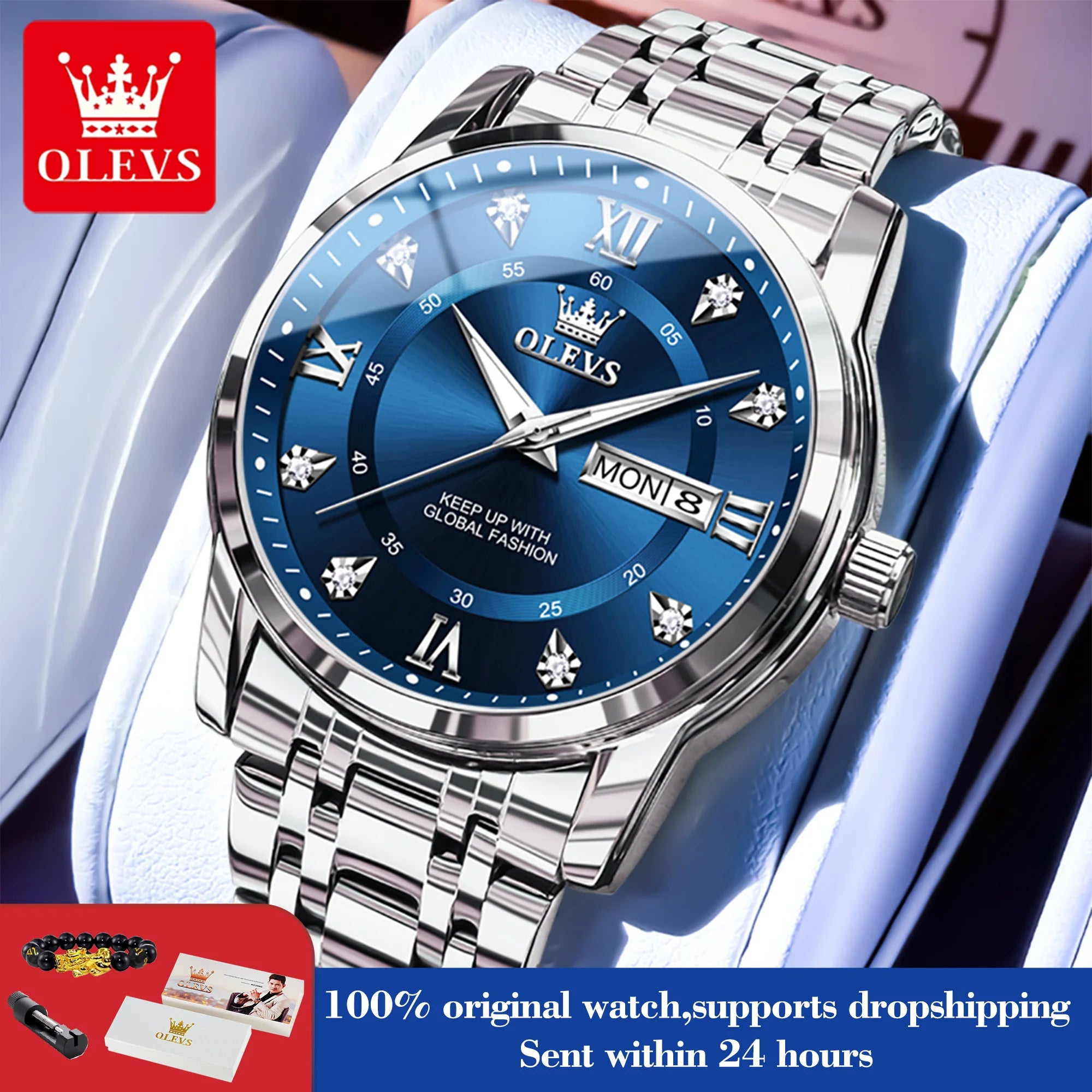 OLEVS 5513 Armbanduhr Herren Dual-Kalender Mode Quarzuhr Für Männer Diamant-Skala Edelstahl Luxus Herren Armbanduhr Wasserdicht