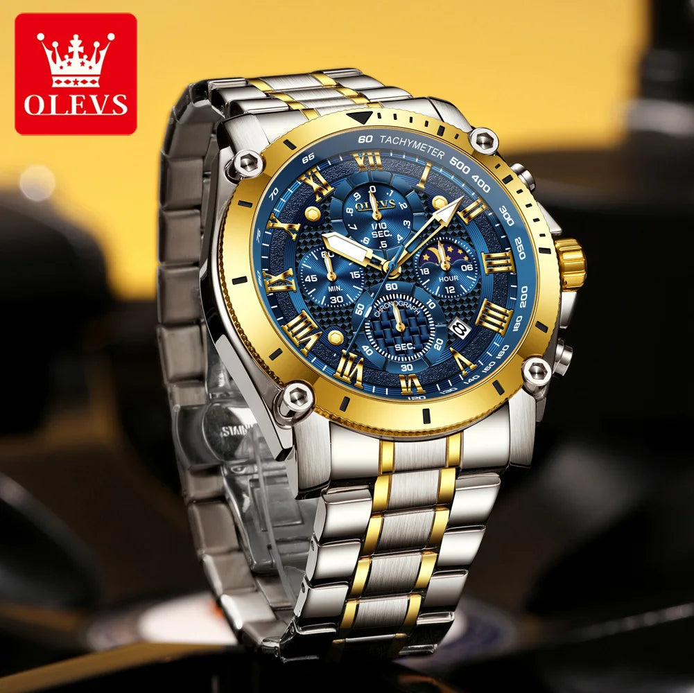 OLEVS 3689 Quarzuhr Herren Mode Original 47mm Großes Zifferblatt Römische Skala Mondphase Uhr Für Herren Kalender Wasserdicht Armbanduhr