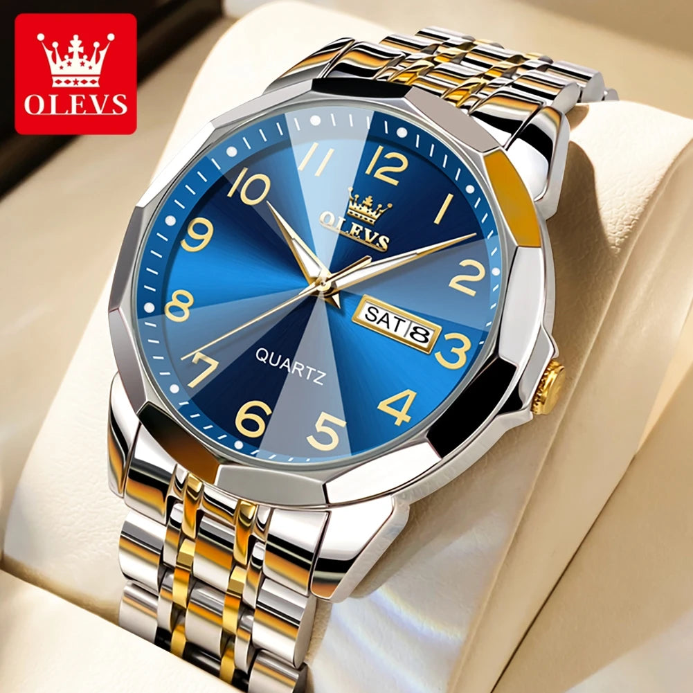OLEVS 9970 Couple Watch For Men Women Luxury Number Dial Rhombus Mirror Quartz Hand Clock Stainless Steel Original Dress Watches