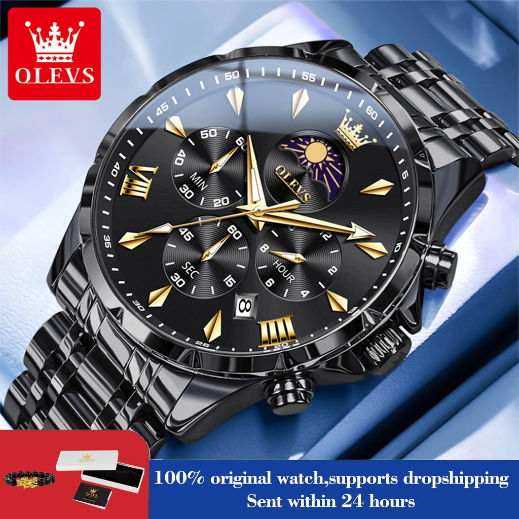 OLEVS 3653 Herrenuhr Original Chronograph Quarz Armbanduhr Stahlband Mondphase Datum Wasserdicht Top Marke Herrenuhr