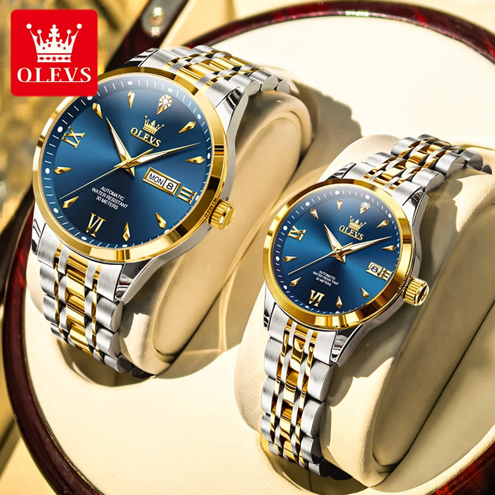 OLEVS 9956 Watches For Couple  Automatic Mechanical Watches Dual Calendar Original Stainless Steel Hand Clock Waterproof 9956