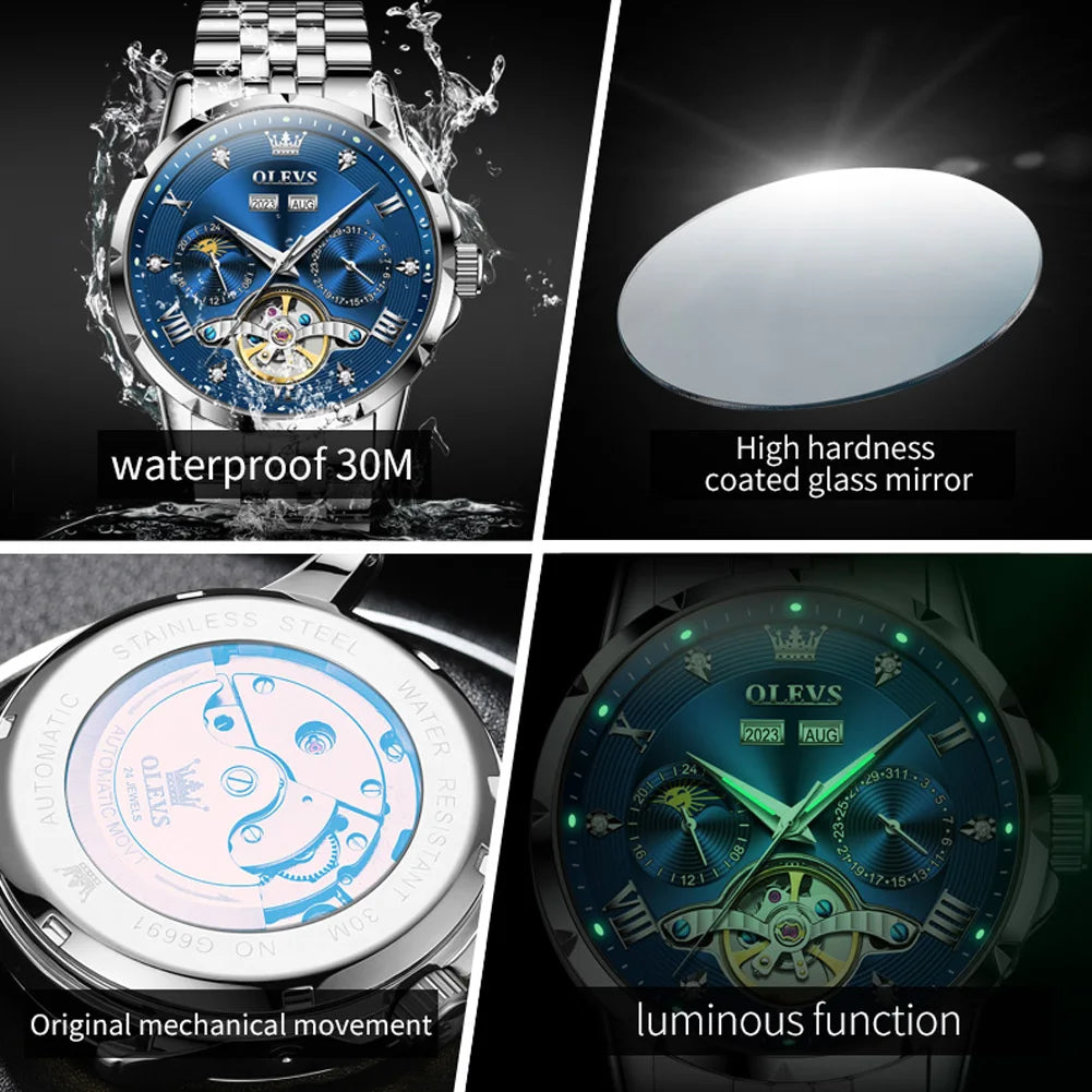 OLEVS 6691 Men's Watches Luxury Roman Scale Mechanical Watch For Men Moonswatch Hollow Flywheel Calendar Waterproof Hand Clock