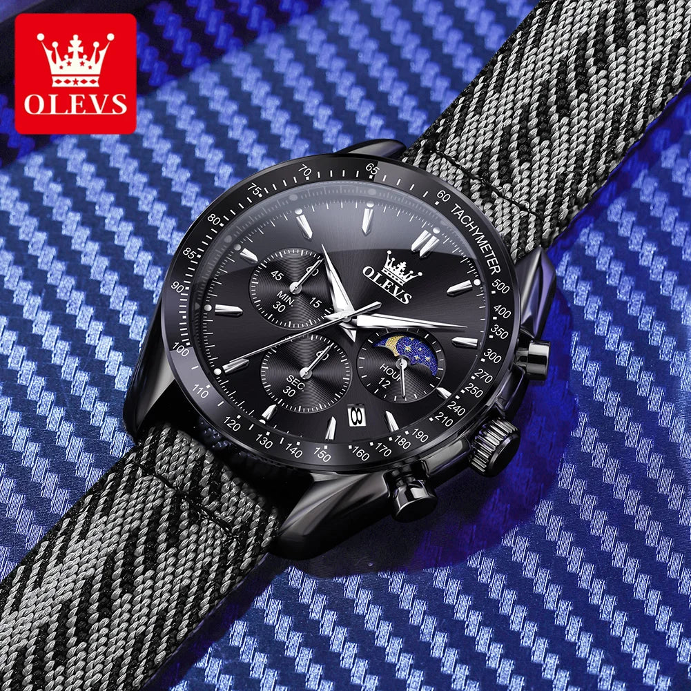 OLEVS 3630 Quarz Herrenuhr Datum Chronograph 24-Stunden-Mondphase Wasserdichte Uhr für Herren Mode Nylonarmband Original Armbanduhr
