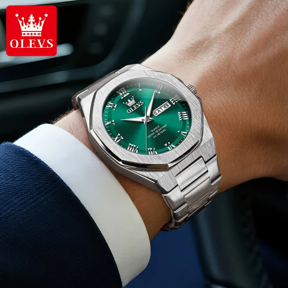 OLEVS 3727 Herrenuhren Wasserdicht Leuchtend Wochentag Datum Quarzuhr Edelstahl Luxusuhren für Männer Hochwertige Uhr