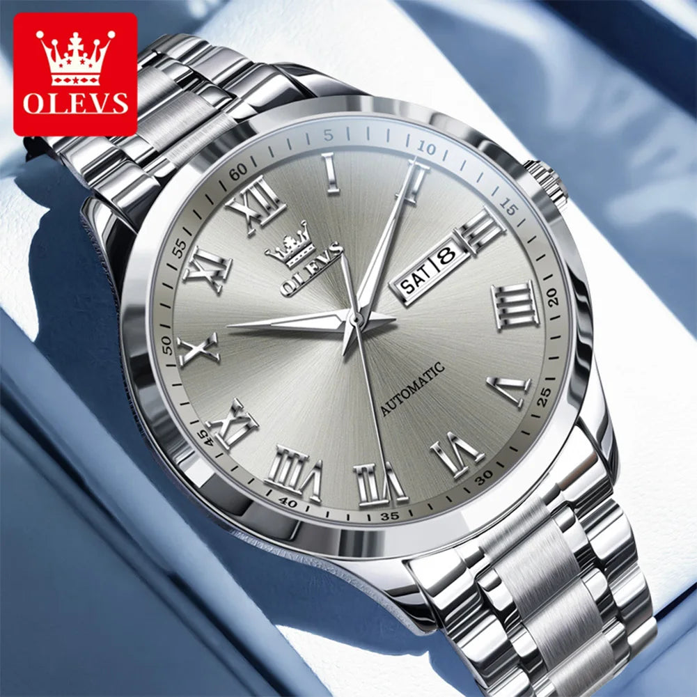 OLEVS 7075 Watches For Man Luxury Original Mechanical Watch For Men Week Calendar Waterproof Automatic Hand Clock Steel Strap