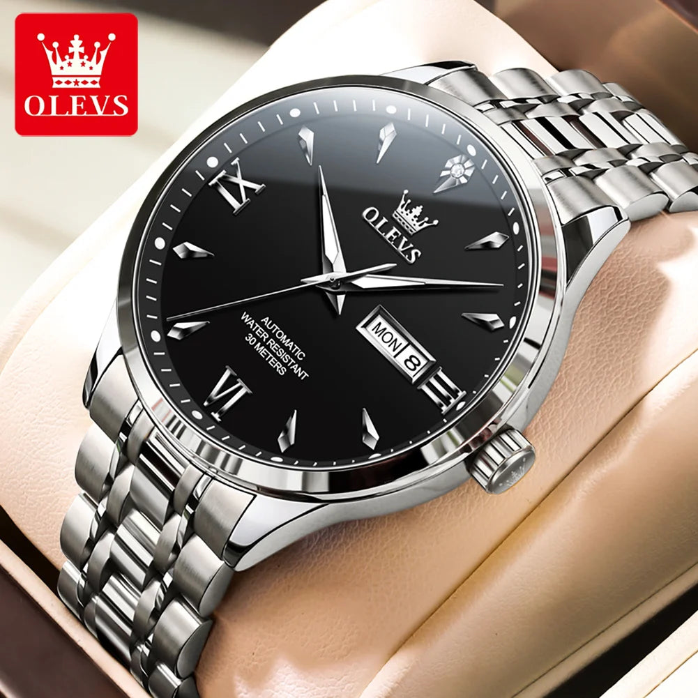 OLEVS 9956 Man Watch Steel Strap Luxury Mechanical Watch For Men Original Fashion Waterproof Automatic Hand Clock Dual Calendar